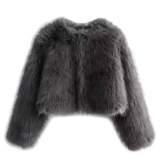 Dark grey faux fur cropped jacket for women and teens, satin lined fuzzy soft cozy warm thick oversized coat with long sleeves, elegant luxury charcoal grey fur jacket with crewneck split neck neckline, feminine chic Y2K trendy fashion outerwear for fall autumn winter 2025, stylish Copenhagen Scandinavian streetwear ski outfit apres ski party night out club wear festival, with global worldwide shipping to US UK Canada Australia Europe and Asia.