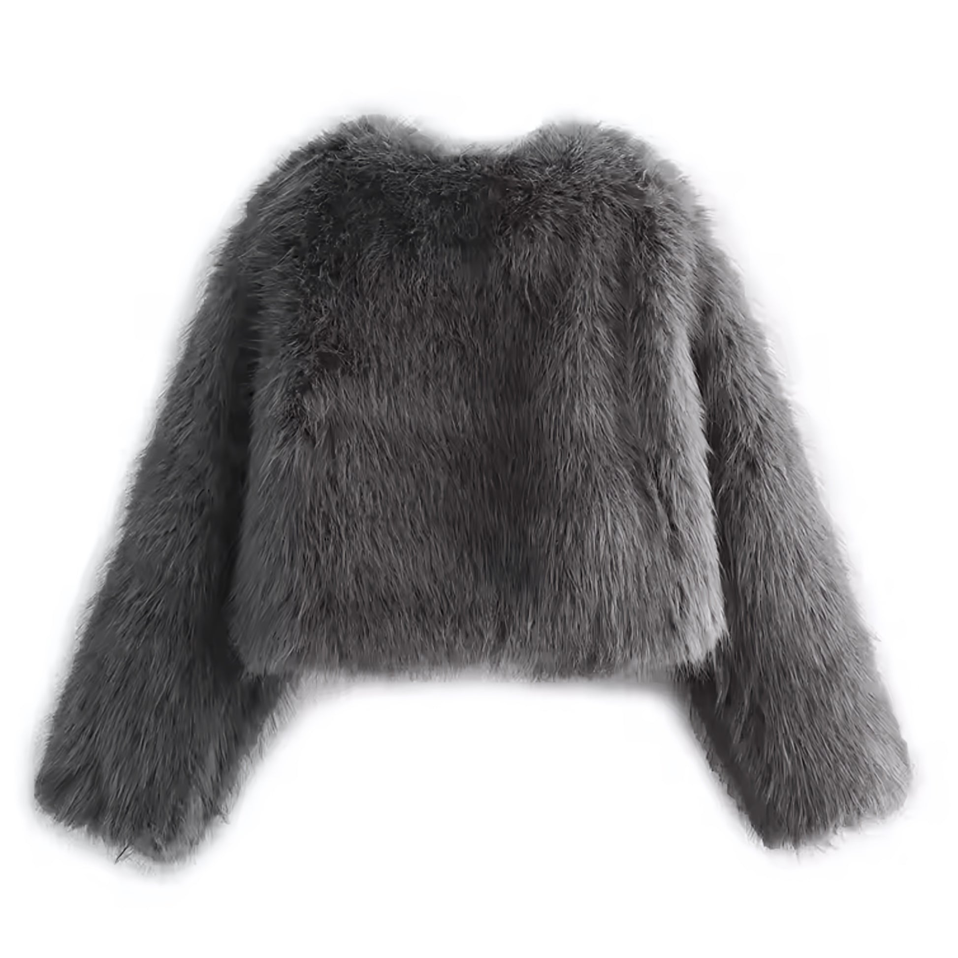 Dark grey faux fur cropped jacket for women and teens, satin lined fuzzy soft cozy warm thick oversized coat with long sleeves, elegant luxury charcoal grey fur jacket with crewneck split neck neckline, feminine chic Y2K trendy fashion outerwear for fall autumn winter 2025, stylish Copenhagen Scandinavian streetwear ski outfit apres ski party night out club wear festival, with global worldwide shipping to US UK Canada Australia Europe and Asia.
