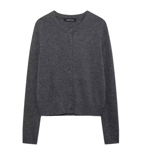 Dark grey knit button-down long sleeve cardigan sweater for women and teens. Soft, cozy, and lightweight knitwear with v-neck and crewneck style. Heather grey cropped jumper perfect for fall, autumn, and winter 2025. Feminine and trendy preppy fashion for everyday wear. Elegant, comfy, and neutral knit cardigan for ladies. Chic Y2K-inspired knitwear ideal for school, casual outfits, and layering. Ships globally to the US, UK, Canada, Australia, New Zealand, Europe, Asia, France, Germany, Italy, Spain.