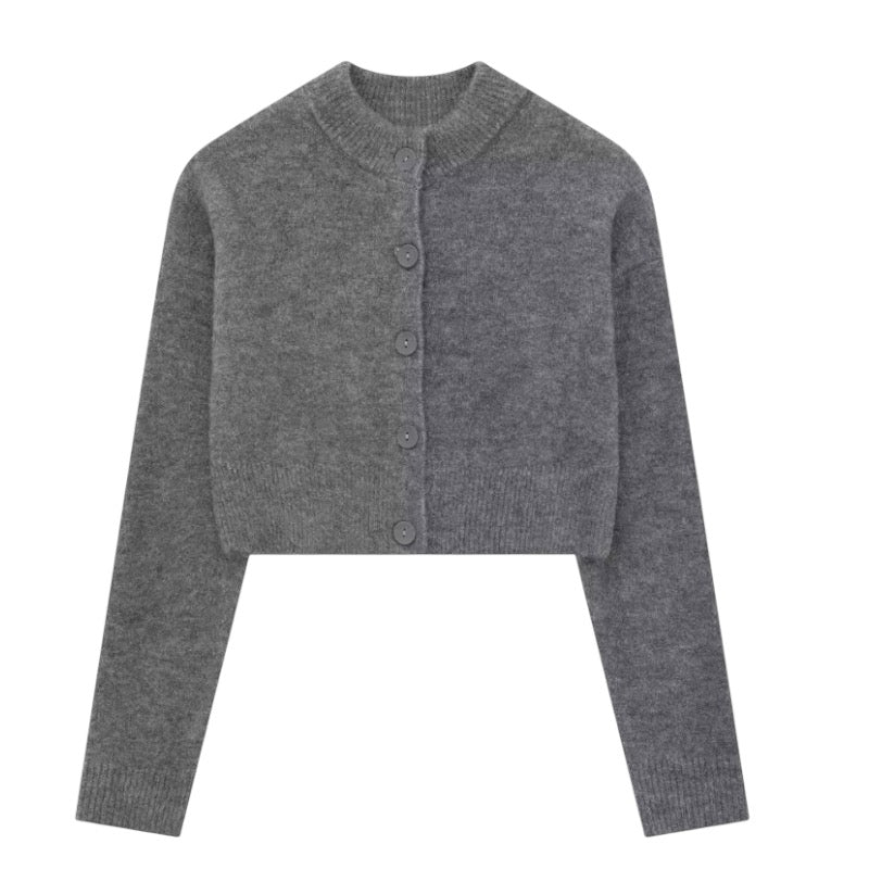 Dark grey knit button-down long sleeve cropped cardigan sweater for women and teens, woolen chunky knit jumper with soft fuzzy cozy warm texture, elegant feminine trendy chic casual preppy streetwear knitwear for fall autumn winter 2025, Zara dupe and Aritzia-inspired Scandinavian minimalist cardigan with worldwide global shipping to US UK Canada Europe Australia and Asia from Dazey Hill.