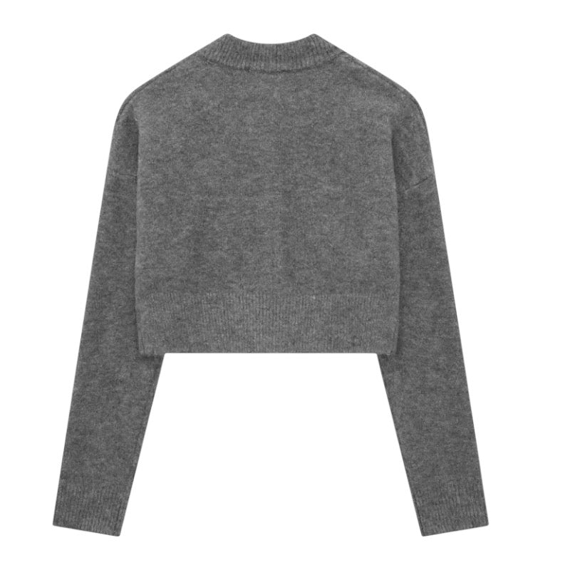 Dark grey knit button-down long sleeve cropped cardigan sweater for women and teens, woolen chunky knit jumper with soft fuzzy cozy warm texture, elegant feminine trendy chic casual preppy streetwear knitwear for fall autumn winter 2025, Zara dupe and Aritzia-inspired Scandinavian minimalist cardigan with worldwide global shipping to US UK Canada Europe Australia and Asia from Dazey Hill.