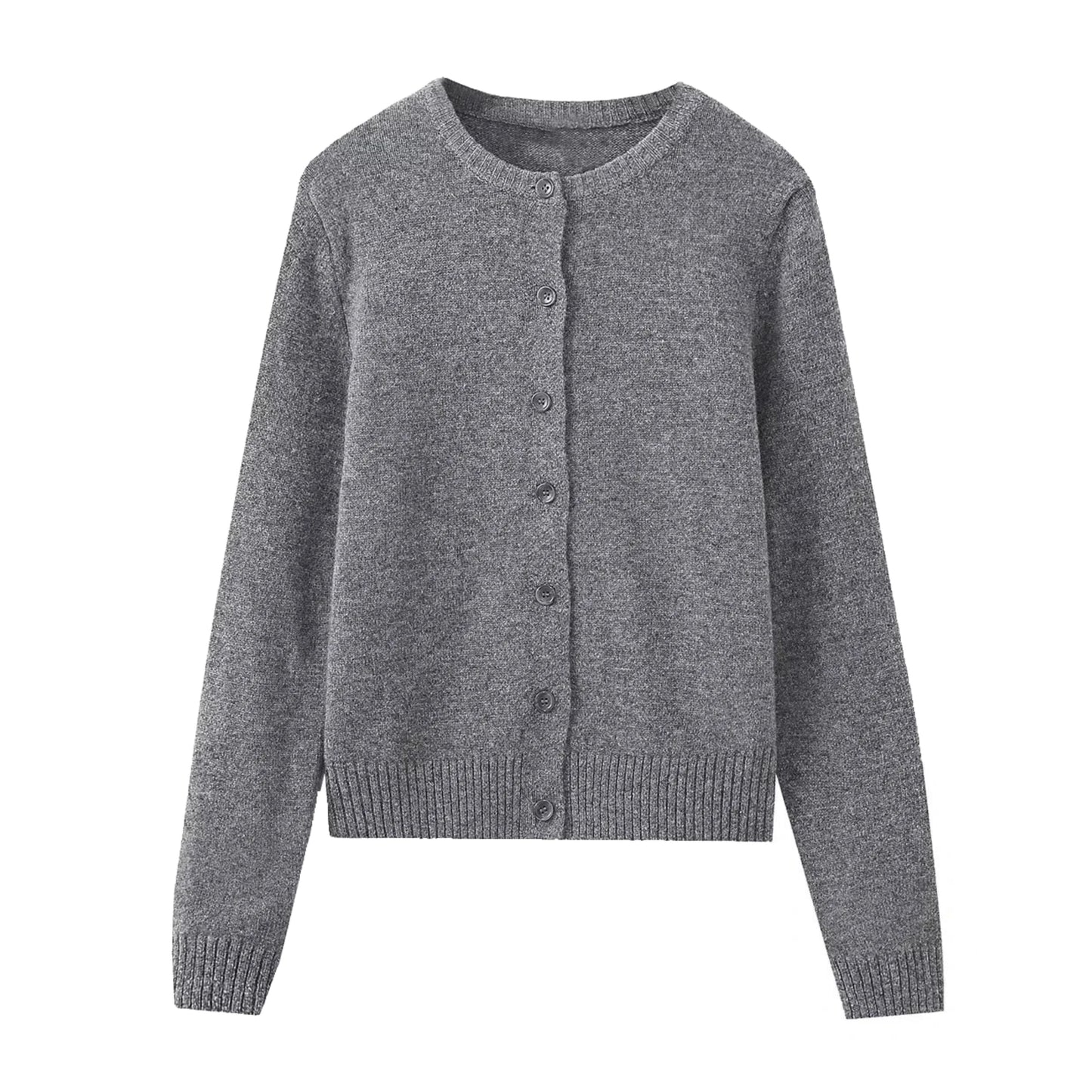 Dark Grey Knit Long Sleeve Crewneck Button-Down Cardigan Sweater for women and teens. Soft, cozy, and lightweight knitwear with ribbed texture and relaxed fit. Chic and elegant heather grey cardigan jumper perfect for fall, winter, and holiday outfits. Feminine Scandinavian, soft girl, clean girl, and preppy aesthetic knitwear. Ships globally and worldwide to the US, UK, Australia, Canada, Europe, and Asia.
