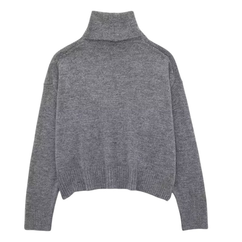 Dark grey knit oversized long sleeve turtleneck pullover sweater for women and teens, heather grey woolen chunky knit fuzzy soft cozy warm thick luxury jumper, elegant feminine trendy chic casual preppy streetwear knitwear for fall autumn winter 2025, Aritzia dupe and Zara-inspired minimalist Scandinavian après ski sweater, with global worldwide shipping to US UK Canada Australia Europe and Asia.