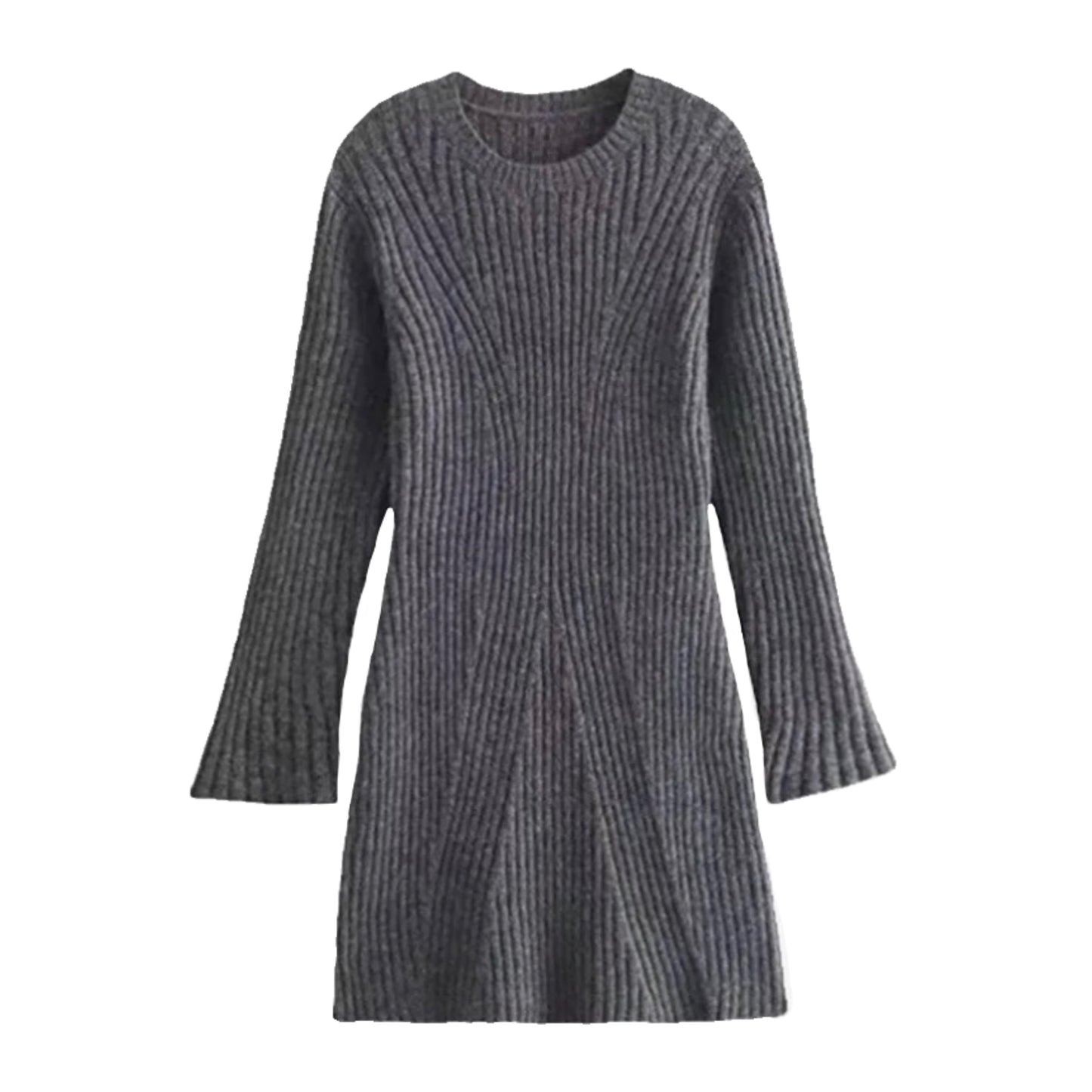 Dark grey charcoal ribbed knit bodycon mini sweater dress with slim fit silhouette, lightweight cozy knitted fabric, long sleeves, and round crewneck neckline. Soft, comfy, warm winter 2025 sweater dress for women and teens, ideal for fall, autumn, holiday season, Christmas parties, everyday casual looks, elegant evening outfits, and chic classic minimalist style. Worldwide global shipping available to US, Australia, New Zealand, UK, Canada, Europe, Asia, and more.

