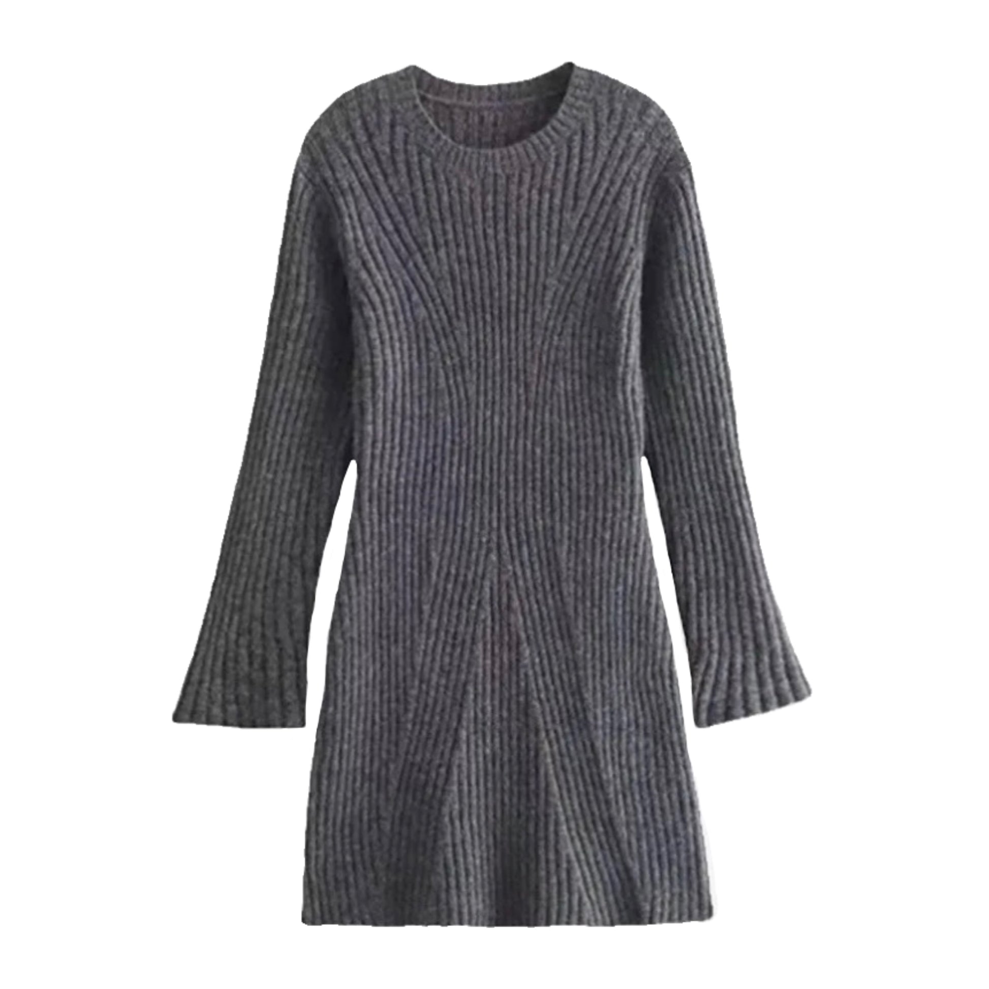Dark grey charcoal ribbed knit bodycon mini sweater dress with slim fit silhouette, lightweight cozy knitted fabric, long sleeves, and round crewneck neckline. Soft, comfy, warm winter 2025 sweater dress for women and teens, ideal for fall, autumn, holiday season, Christmas parties, everyday casual looks, elegant evening outfits, and chic classic minimalist style. Worldwide global shipping available to US, Australia, New Zealand, UK, Canada, Europe, Asia, and more.


