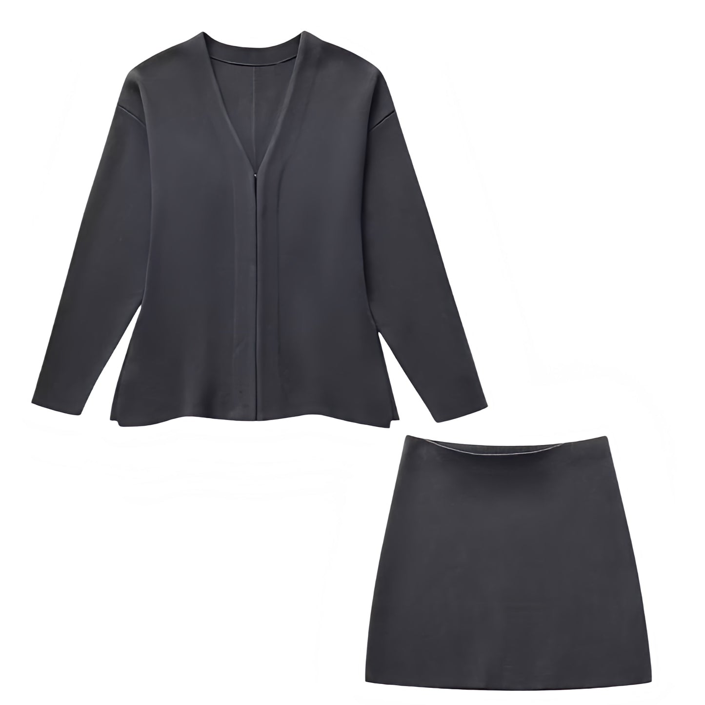 Dark Grey Knit V-Neck Long Sleeve Cardigan Sweater & Mini Skirt 2 Piece Set for women and teens. Soft ribbed woolen knitwear matching set featuring a cropped cardigan and high-waisted mini skirt. Elegant, cozy, trendy, and feminine outfit perfect for fall, autumn, and winter 2025 fashion. Ships globally and worldwide to the US, UK, Canada, Australia, Europe, and Asia.