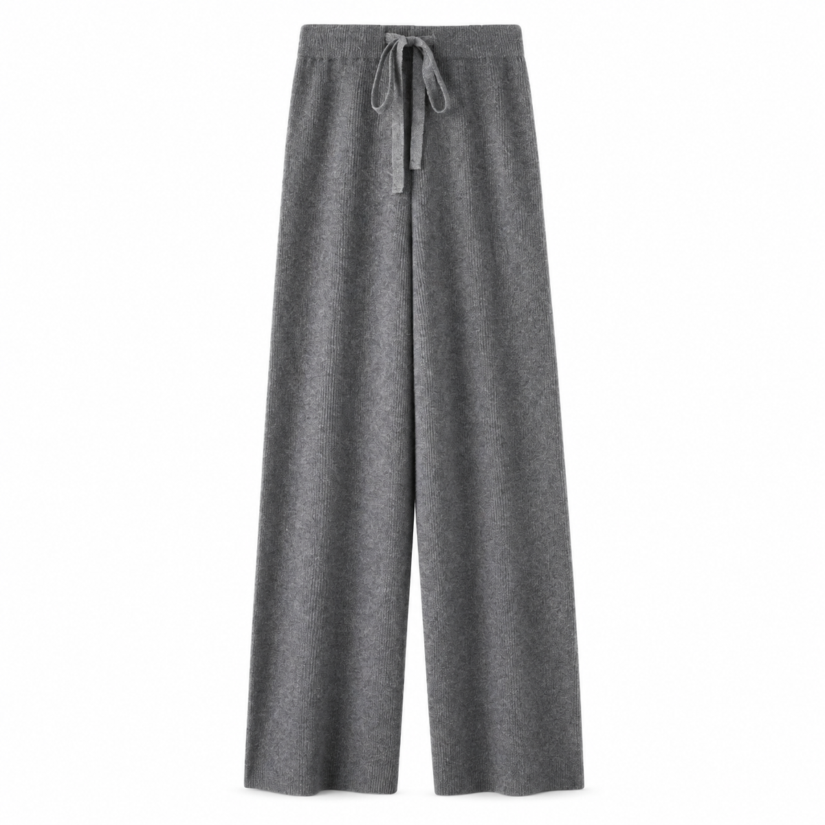 Dark grey charcoal knit wide leg fleece pants for women with soft sweater-knit construction, ribbed fitted drawstring mid-rise waistband, relaxed baggy fit and full-length draped wide legs. Cozy elevated loungewear and knit trousers for fall winter 2026, Scandi, Stockholm, Copenhagen, minimalist, quiet luxury, old money, Parisian, casual chic, preppy, airport, travel, college, streetwear, clean girl, model off duty and everyday outfits.

