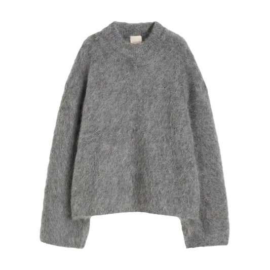 Dark grey woolen oversized knit pullover sweater for women and teens, fuzzy soft cozy warm thick chunky knitwear jumper with long sleeves and crewneck round neckline, elegant neutral basic feminine chic trendy fall autumn winter 2025 fashion, Scandinavian Copenhagen street style preppy clean girl cool girl everyday comfy look, global worldwide shipping to US UK Canada Australia Europe and Asia.