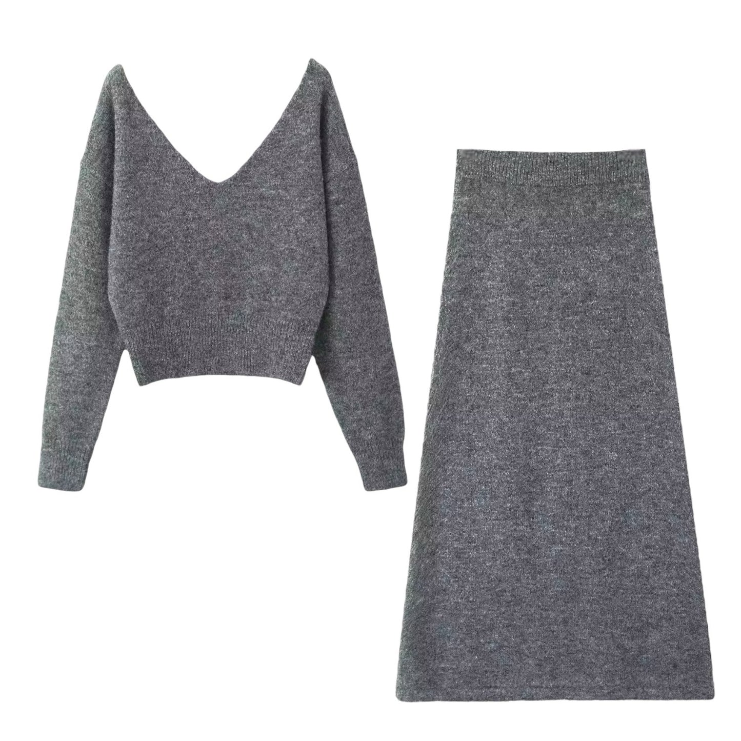 Dark Grey Knit Woolen V-Neck Long Sleeve Sweater & Maxi Skirt 2 Piece Set for women and teens. Soft, ribbed, cozy woolen knitwear matching set featuring a relaxed fit V-neck sweater and high-waisted maxi skirt. Elegant, chic, and warm two-piece outfit perfect for fall, autumn, and winter 2025 fashion. Ships globally and worldwide to the US, UK, Canada, Australia, Europe, and Asia.