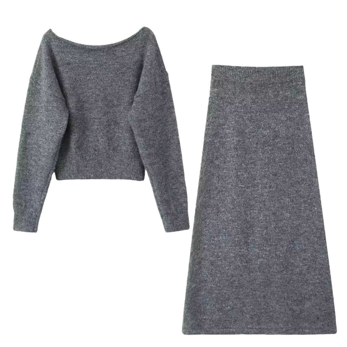 Dark Grey Knit Woolen V-Neck Long Sleeve Sweater & Maxi Skirt 2 Piece Set for women and teens. Soft, ribbed, cozy woolen knitwear matching set featuring a relaxed fit V-neck sweater and high-waisted maxi skirt. Elegant, chic, and warm two-piece outfit perfect for fall, autumn, and winter 2025 fashion. Ships globally and worldwide to the US, UK, Canada, Australia, Europe, and Asia.