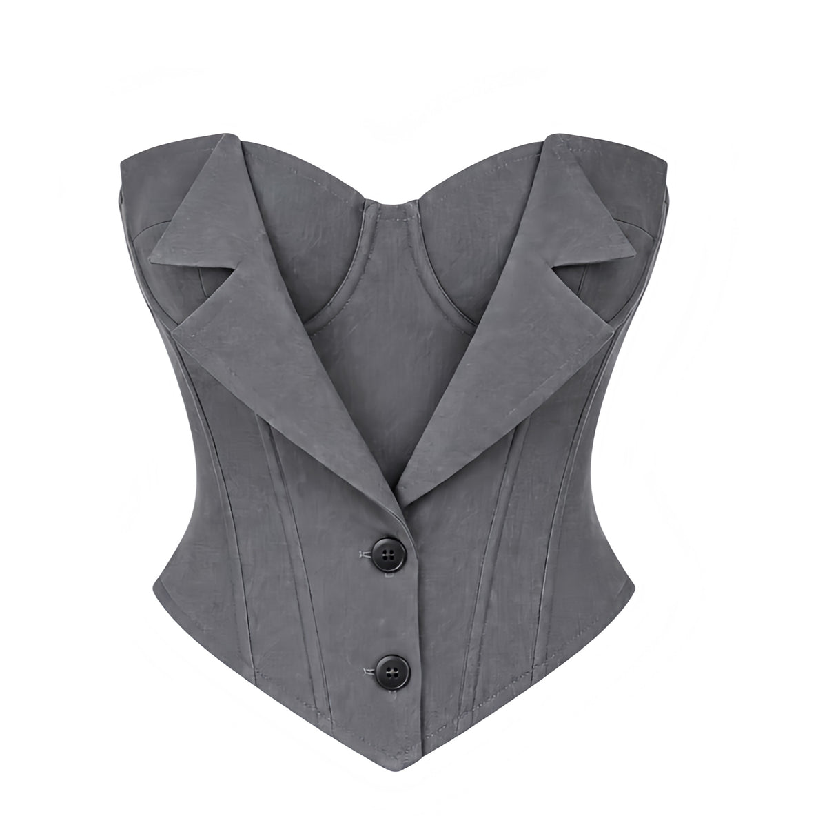 Dark grey gray lace-up blazer style strapless bustier corset top with sweetheart molded bust, tailored notched lapels, black button front, structured corset boning, slim fitted waist, pointed V basque hem and open lace-up corset back. Women’s Y2K 2000s office siren, corporate chic, Stockholm, Scandi, baddie, soft grunge, punk and alt top for fall autumn 2026, party, club, going out, date night, concert, festival, rave, Halloween and streetwear outfits.


