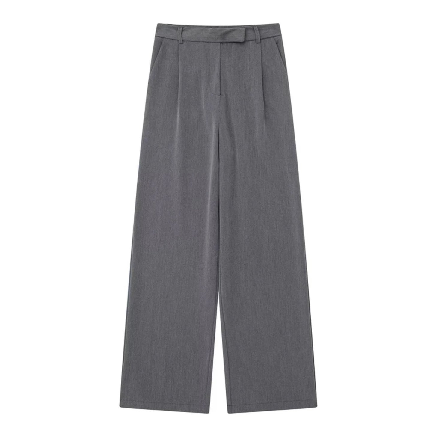 Dark grey low-rise pleated tailored straight leg trouser pants for women featuring a smooth woven suit fabric, structured fit, and elevated minimalist design. These full-length sleek trousers blend Scandinavian simplicity with timeless tailoring. Perfect for modern office wear, evening looks, or capsule wardrobe outfits. Inspired by European fashion and Stockholm style. Ships globally and worldwide to US, UK, Canada, Australia, and across Europe and Asia.