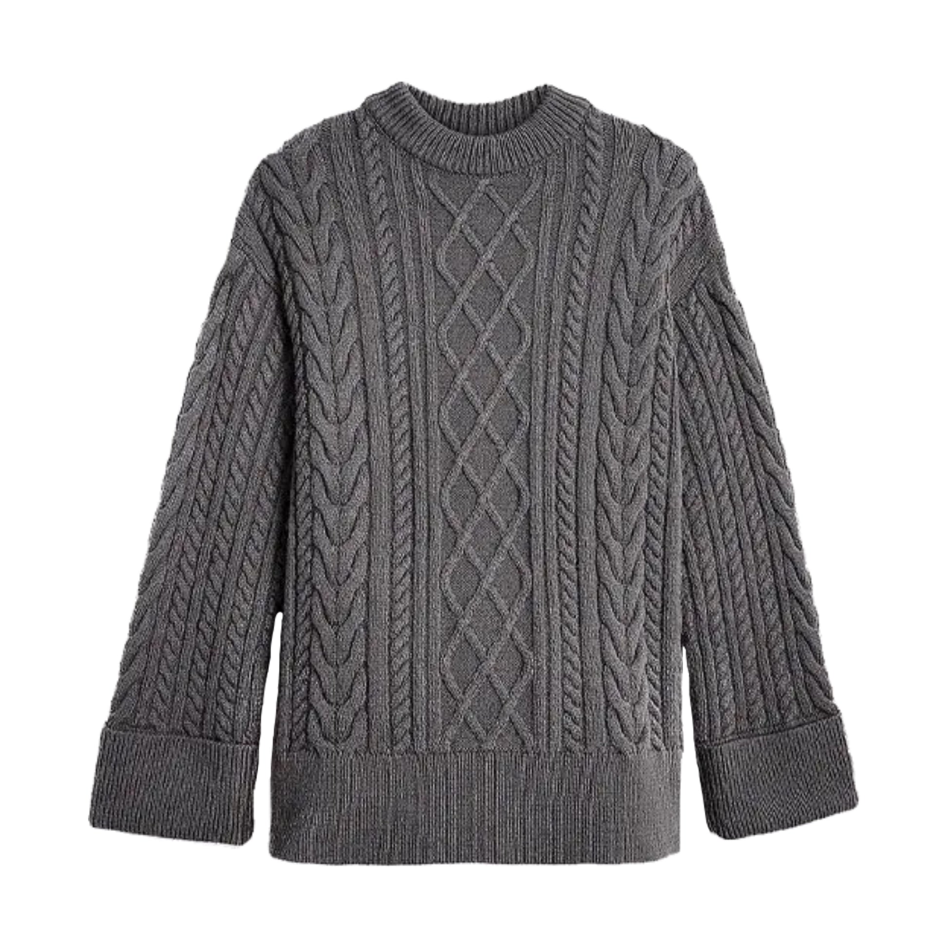 Dark grey oversized cable knit long sleeve crewneck pullover sweater for women and teens, cozy chunky knitted jumper with geometric textured pattern, soft thick knitwear for fall autumn winter 2025, elegant feminine Scandinavian streetwear, Zara and Aritzia dupe style, clean-girl and old-money aesthetic, preppy and casual chic fashion, perfect for après ski, snow day, and ski trip outfits, ships globally and worldwide to US, UK, Canada, Europe, Australia, and Asia.