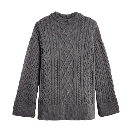 Dark grey oversized cable knit long sleeve crewneck pullover sweater for women and teens, cozy chunky knitted jumper with geometric textured pattern, soft thick knitwear for fall autumn winter 2025, elegant feminine Scandinavian streetwear, Zara and Aritzia dupe style, clean-girl and old-money aesthetic, preppy and casual chic fashion, perfect for après ski, snow day, and ski trip outfits, ships globally and worldwide to US, UK, Canada, Europe, Australia, and Asia.