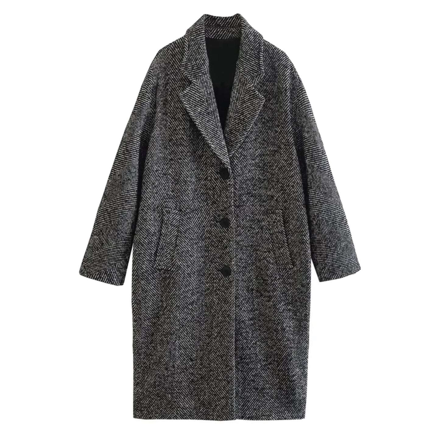 Dark grey twill wool trench coat for women featuring oversized relaxed fit, single breasted black button closure, wide lapel collar, long sleeves, structured tailored shape, insulated warm wool blend fabric, front welt pockets, minimalist neutral winter streetwear fashion and elegant old money outerwear, shipped globally worldwide.