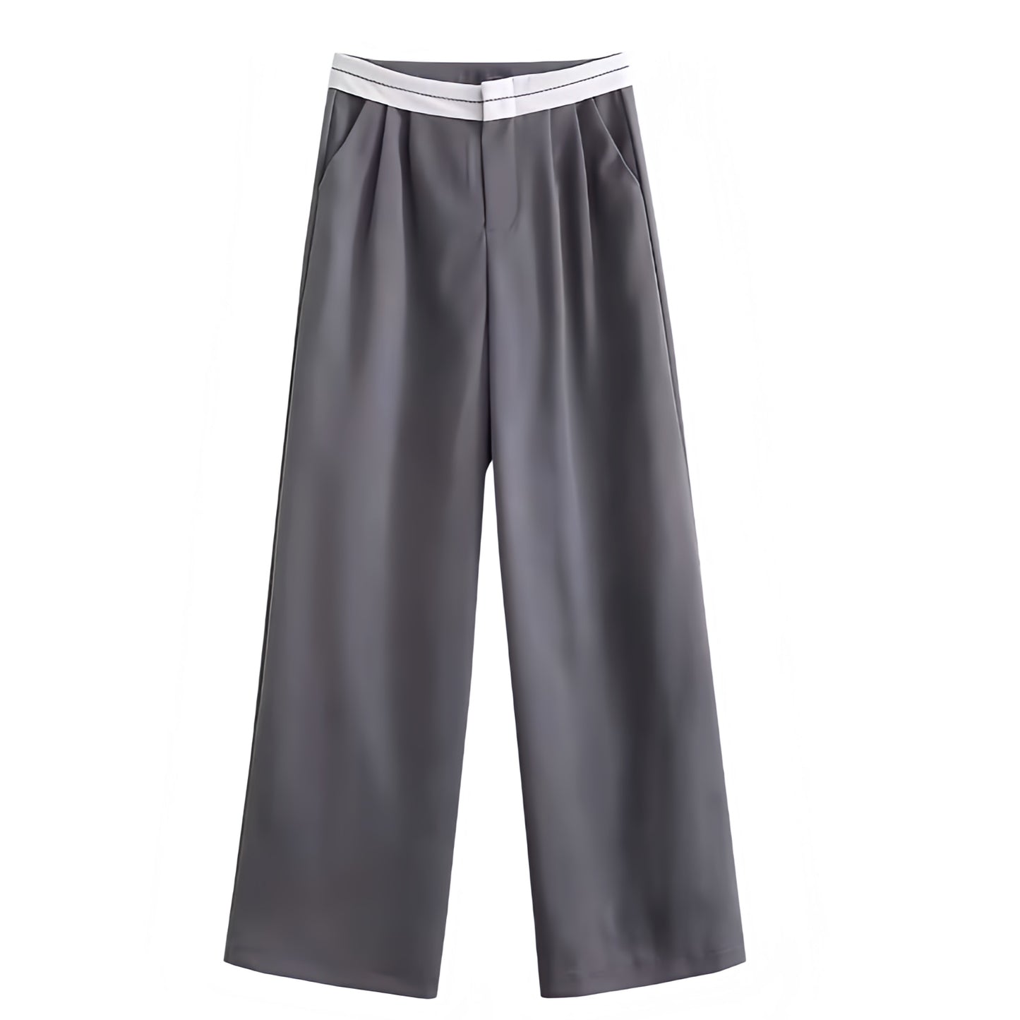 Dark grey and white mid-rise pleated tailored straight leg trouser pants for women featuring a sporty contrast waistband and smooth woven suit fabric. Sleek, structured, and fashion-forward with a sport-luxe aesthetic. Perfect for modern minimalist, Scandinavian, and office siren styles. Ideal for everyday, evening, or capsule wardrobe looks. Ships globally and worldwide to the US, UK, Canada, Australia, Europe, and Asia.