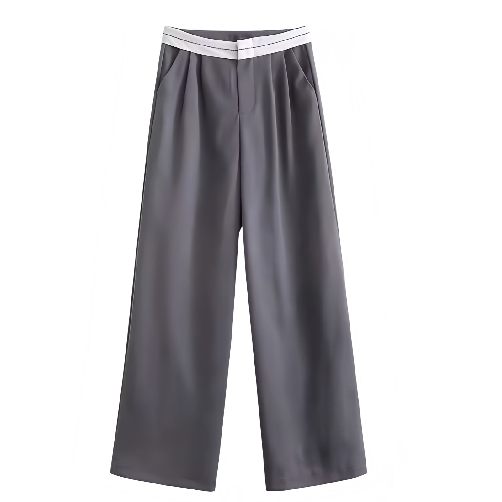 Dark grey and white mid-rise pleated tailored straight leg trouser pants for women featuring a sporty contrast waistband and smooth woven suit fabric. Sleek, structured, and fashion-forward with a sport-luxe aesthetic. Perfect for modern minimalist, Scandinavian, and office siren styles. Ideal for everyday, evening, or capsule wardrobe looks. Ships globally and worldwide to the US, UK, Canada, Australia, Europe, and Asia.