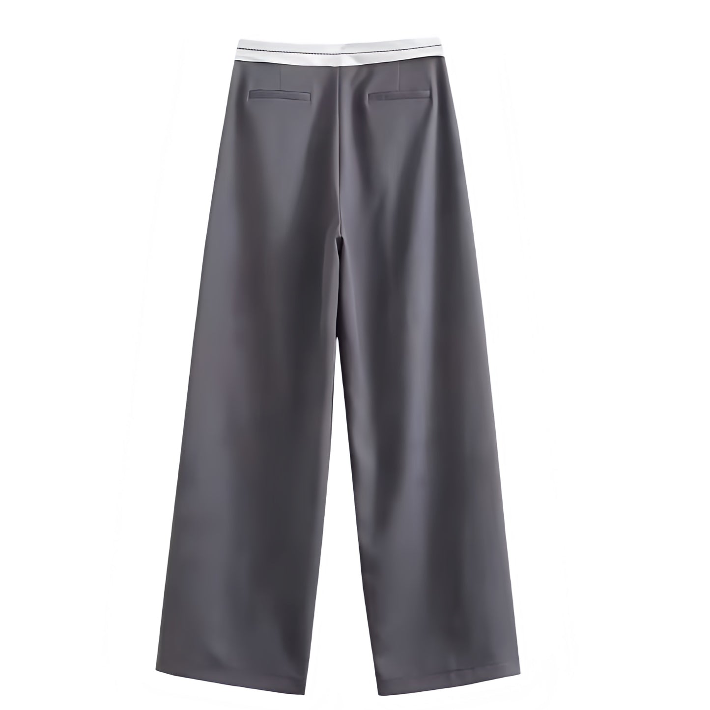 Dark grey and white mid-rise pleated tailored straight leg trouser pants for women featuring a sporty contrast waistband and smooth woven suit fabric. Sleek, structured, and fashion-forward with a sport-luxe aesthetic. Perfect for modern minimalist, Scandinavian, and office siren styles. Ideal for everyday, evening, or capsule wardrobe looks. Ships globally and worldwide to the US, UK, Canada, Australia, Europe, and Asia.