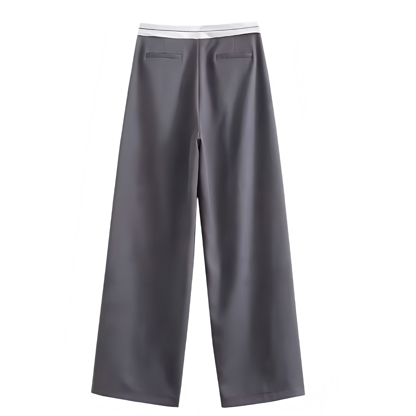 Dark grey and white mid-rise pleated tailored straight leg trouser pants for women featuring a sporty contrast waistband and smooth woven suit fabric. Sleek, structured, and fashion-forward with a sport-luxe aesthetic. Perfect for modern minimalist, Scandinavian, and office siren styles. Ideal for everyday, evening, or capsule wardrobe looks. Ships globally and worldwide to the US, UK, Canada, Australia, Europe, and Asia.