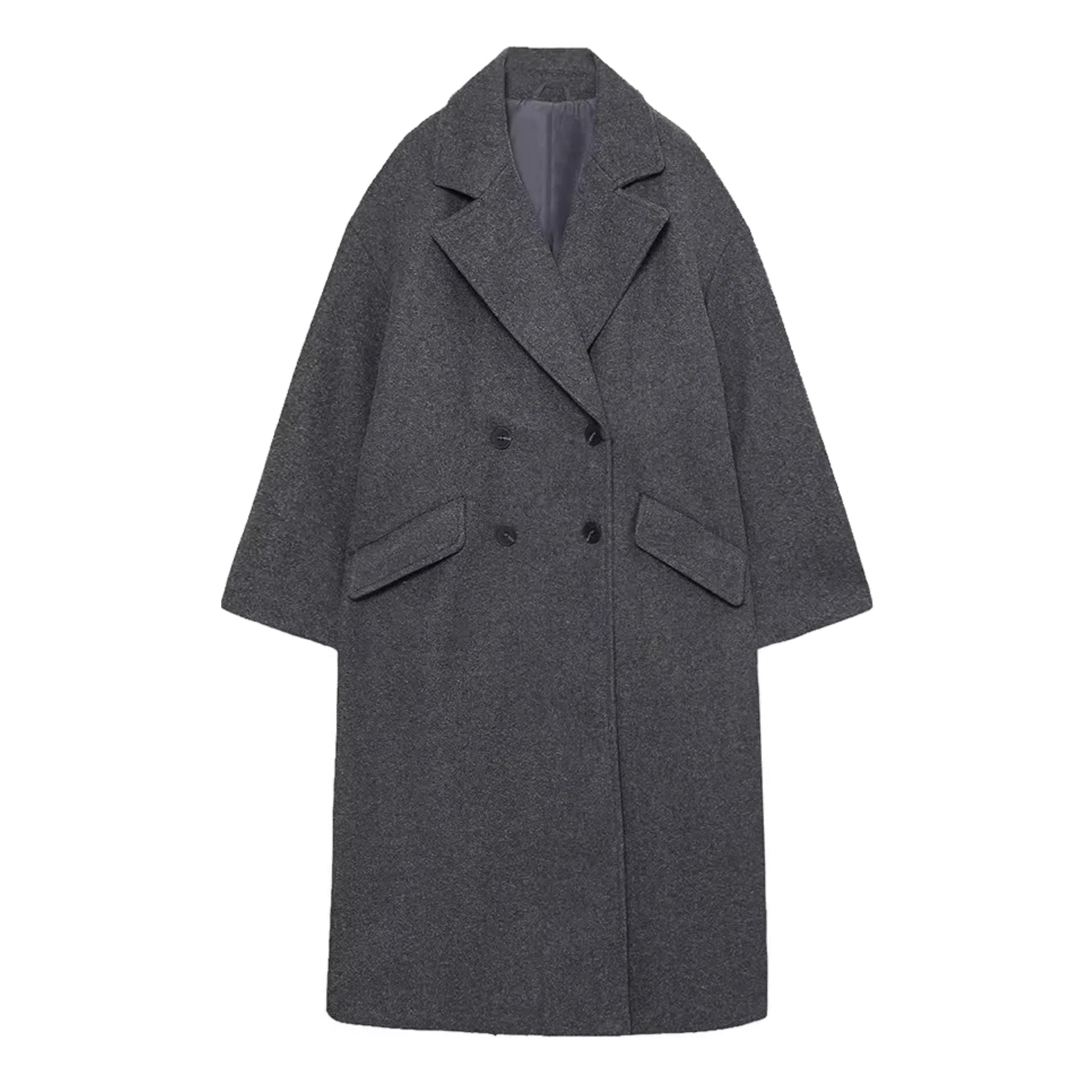 Dark grey woolen oversized trench coat for women with double breasted black buttons, wide lapel collar, long sleeves, structured relaxed tailored fit, front welt pockets, soft insulated wool blend fabric, warm cozy fall and winter coat, elegant minimalist streetwear jacket, neutral old money fashion outerwear, Scandinavian style trench coat shipped worldwide to US, Canada, UK, Australia, Europe, Asia.