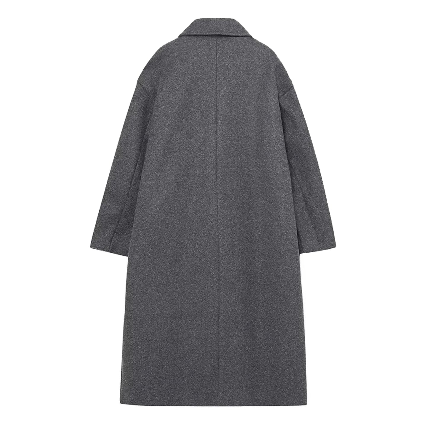 Dark grey woolen oversized trench coat for women with double breasted black buttons, wide lapel collar, long sleeves, structured relaxed tailored fit, front welt pockets, soft insulated wool blend fabric, warm cozy fall and winter coat, elegant minimalist streetwear jacket, neutral old money fashion outerwear, Scandinavian style trench coat shipped worldwide to US, Canada, UK, Australia, Europe, Asia.