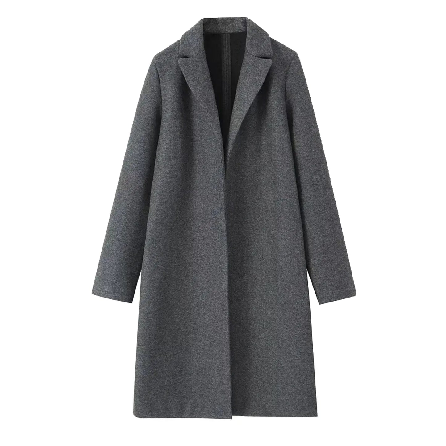 Dark grey oversized wool trench coat for women with wide lapel collar, relaxed tailored silhouette, long sleeves, warm wool blend insulation, minimalist clean girl and old money fashion outerwear for fall and winter outfits, globally shipped to US, UK, Canada, Australia, Europe and international customers.