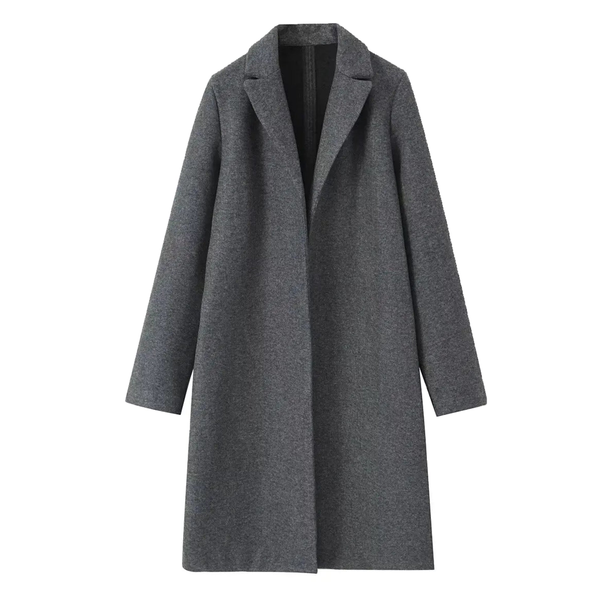 Dark grey oversized wool trench coat for women with wide lapel collar, relaxed tailored silhouette, long sleeves, warm wool blend insulation, minimalist clean girl and old money fashion outerwear for fall and winter outfits, globally shipped to US, UK, Canada, Australia, Europe and international customers.