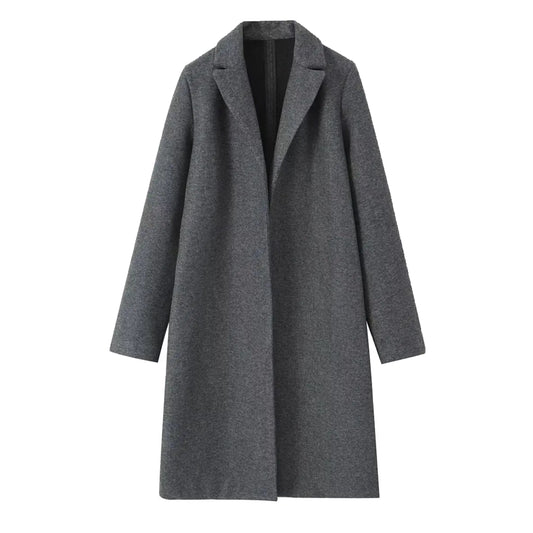 Dark grey oversized wool trench coat for women with wide lapel collar, relaxed tailored silhouette, long sleeves, warm wool blend insulation, minimalist clean girl and old money fashion outerwear for fall and winter outfits, globally shipped to US, UK, Canada, Australia, Europe and international customers.