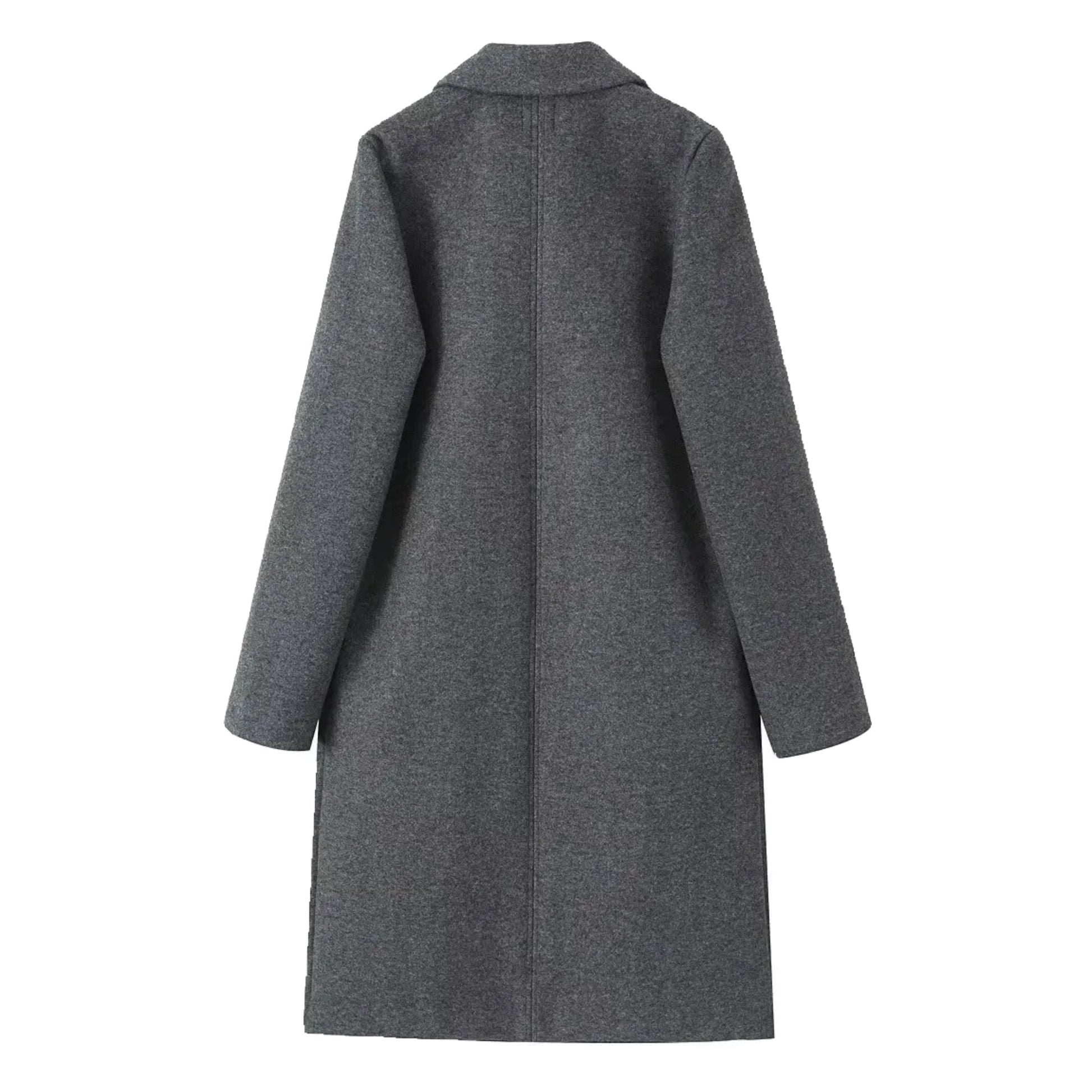 Dark grey oversized wool trench coat for women with wide lapel collar, relaxed tailored silhouette, long sleeves, warm wool blend insulation, minimalist clean girl and old money fashion outerwear for fall and winter outfits, globally shipped to US, UK, Canada, Australia, Europe and international customers.