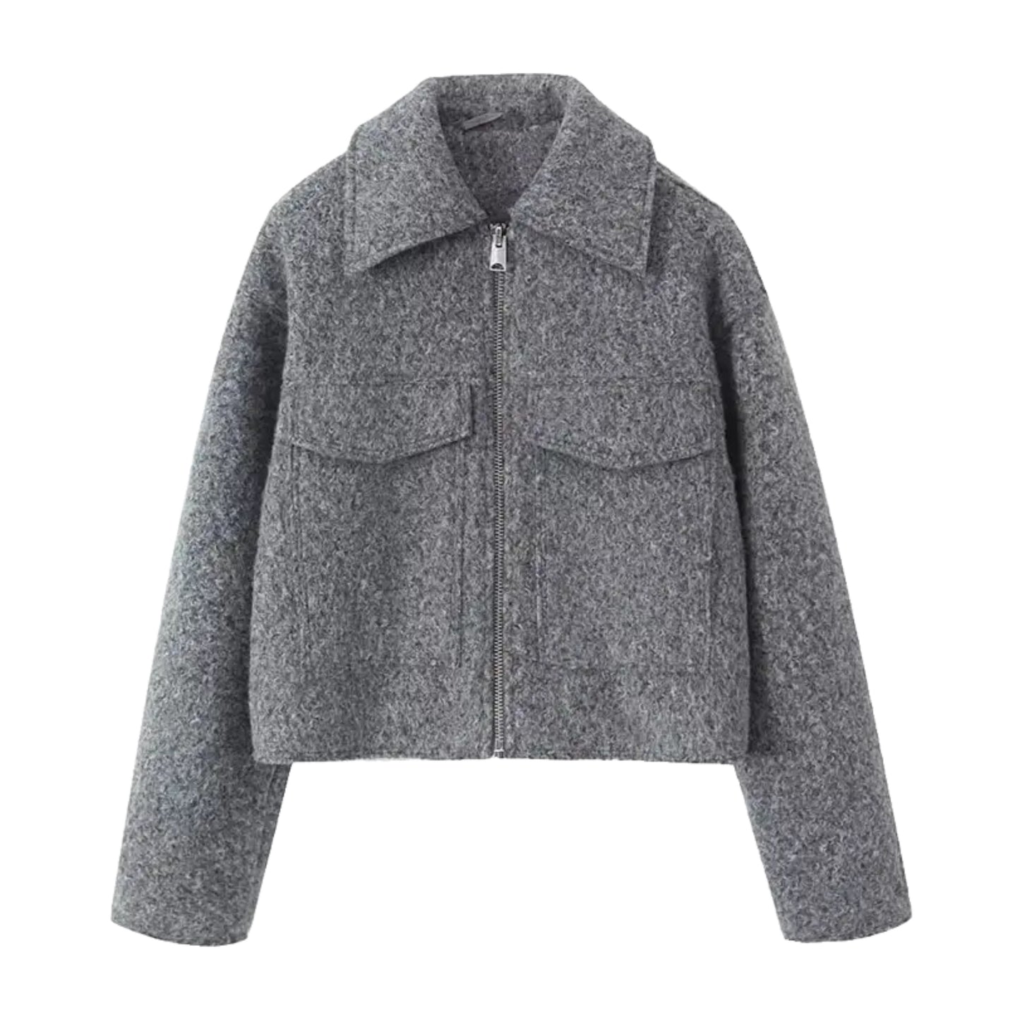 Dark grey woolen zip-up long sleeve cropped sherpa jacket for women and teens, fuzzy soft cozy warm thick luxury faux-fur fleece coat with collared v-neck split neckline, elegant feminine trendy Y2K chic casual retro vintage fashionable outerwear for fall autumn winter 2025, Scandinavian Copenhagen streetwear and old-money style après-ski snow trip outfit, with global worldwide shipping to US UK Canada Australia Europe and Asia.