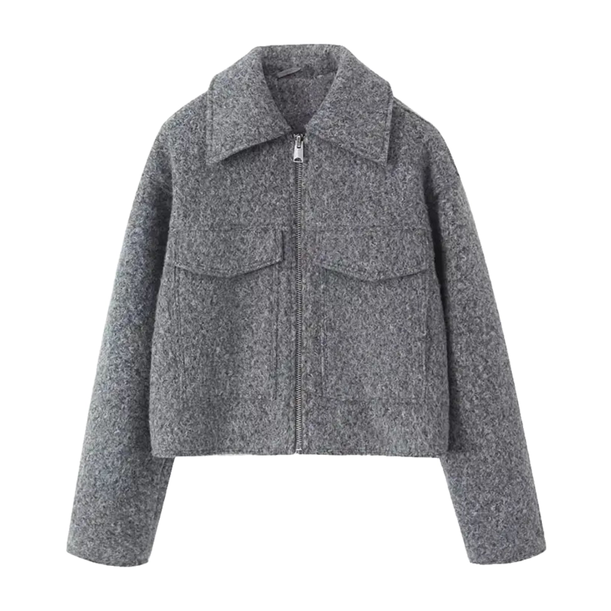 Dark grey woolen zip-up long sleeve cropped sherpa jacket for women and teens, fuzzy soft cozy warm thick luxury faux-fur fleece coat with collared v-neck split neckline, elegant feminine trendy Y2K chic casual retro vintage fashionable outerwear for fall autumn winter 2025, Scandinavian Copenhagen streetwear and old-money style après-ski snow trip outfit, with global worldwide shipping to US UK Canada Australia Europe and Asia.