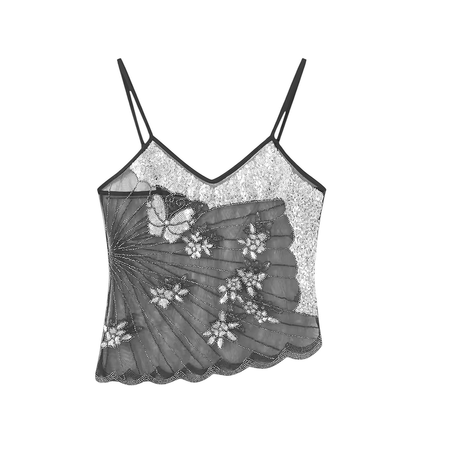 Dark grey charcoal grey silver sequin embellished butterfly v-neck tank top with metallic shimmer sparkle glitter sequined floral butterfly flower patterned design. Slim fit skinny fit sleeveless spaghetti strap backless crop camisole blouse for women, teens, and ladies. Chic trendy casual elegant sexy party top for beach vacation, summer vacation, euro summer, Ibiza fashion, rave outfit, festival outfit, concert outfit, disco party, club wear, night out, going out, NYE outfit, boho chic style, y2k fashion.