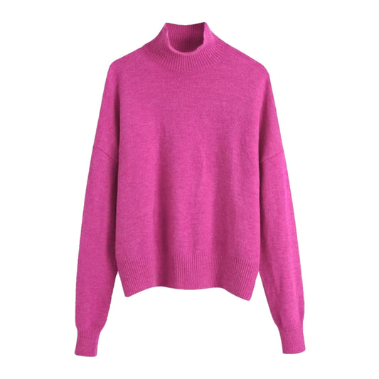 Dark Pink Knit Turtleneck Long Sleeve Pullover Sweater for women and teens. Soft, cozy, and warm woolen knitwear with a thick ribbed texture and relaxed fit. Elegant and trendy hot pink and magenta pink chunky knit jumper perfect for fall, winter, and holiday outfits. Feminine Scandinavian, soft girl, and preppy aesthetic knitwear. Ships globally and worldwide to the US, UK, Canada, Australia, Europe, Asia, and more.