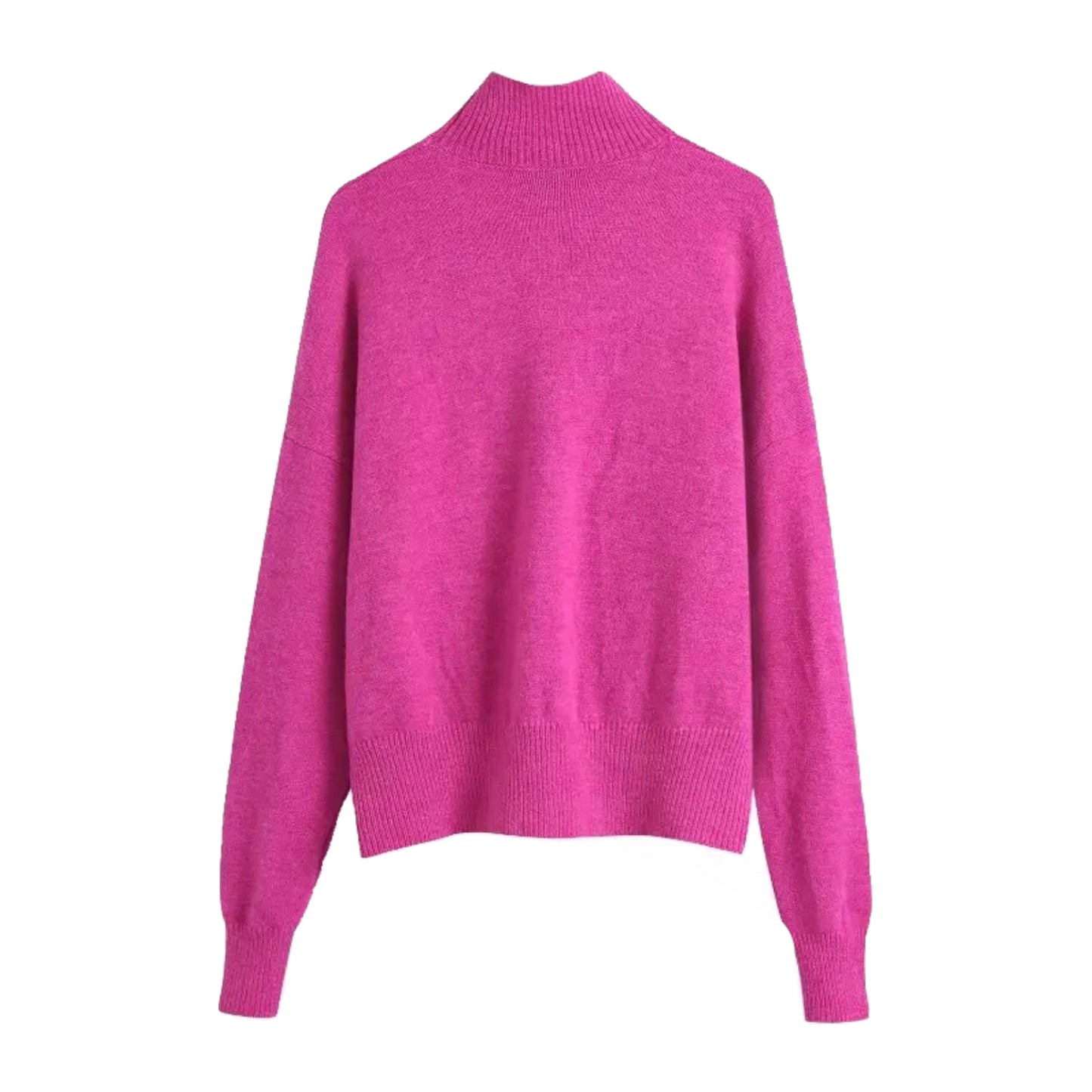 Dark Pink Knit Turtleneck Long Sleeve Pullover Sweater for women and teens. Soft, cozy, and warm woolen knitwear with a thick ribbed texture and relaxed fit. Elegant and trendy hot pink and magenta pink chunky knit jumper perfect for fall, winter, and holiday outfits. Feminine Scandinavian, soft girl, and preppy aesthetic knitwear. Ships globally and worldwide to the US, UK, Canada, Australia, Europe, Asia, and more.