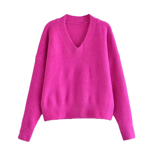Dark Pink Knit V-Neck Long Sleeve Pullover Sweater for women and teens. Soft, cozy, and warm ribbed knitwear with relaxed fit and thick textured design. Chic and trendy hot pink and magenta knit jumper perfect for fall, winter, and holiday outfits. Feminine Scandinavian, clean girl, and soft girl aesthetic knitwear. Ships globally and worldwide to the US, UK, Canada, Australia, Europe, Asia, and more.