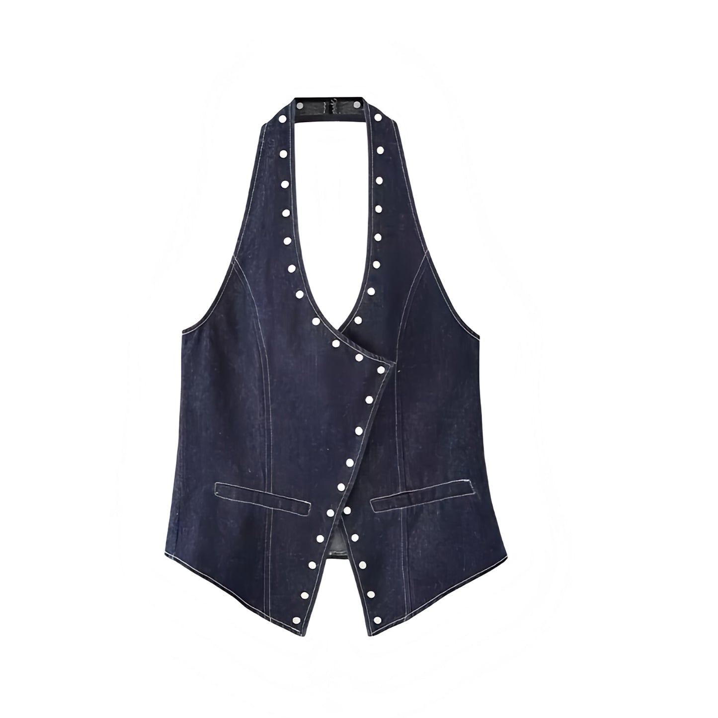 Dark wash denim studded slim fit retro sleeveless V-neck halter crop top for women, teens, and ladies. Tight fitting sexy backless cut-out jean tank top with metallic studs. Y2K vintage western cowgirl style perfect for casual chic street wear, evening party looks, night out outfits, club wear, rave, festival, concert, boho chic, and Halloween adults costumes for halloweekend 2025. Ships globally worldwide to US, Australia, New Zealand, UK, Canada, Germany, France, Spain, Italy, Switzerland, Netherlands.