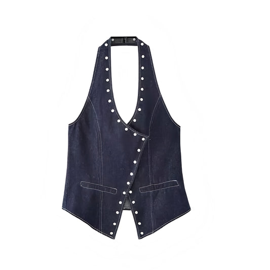 Dark wash denim studded slim fit retro sleeveless V-neck halter crop top for women, teens, and ladies. Tight fitting sexy backless cut-out jean tank top with metallic studs. Y2K vintage western cowgirl style perfect for casual chic street wear, evening party looks, night out outfits, club wear, rave, festival, concert, boho chic, and Halloween adults costumes for halloweekend 2025. Ships globally worldwide to US, Australia, New Zealand, UK, Canada, Germany, France, Spain, Italy, Switzerland, Netherlands.