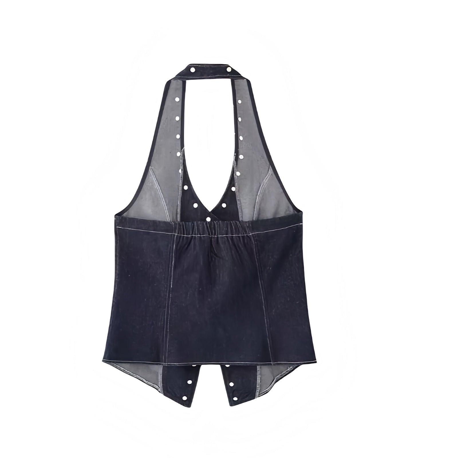 Dark wash denim studded slim fit retro sleeveless V-neck halter crop top for women, teens, and ladies. Tight fitting sexy backless cut-out jean tank top with metallic studs. Y2K vintage western cowgirl style perfect for casual chic street wear, evening party looks, night out outfits, club wear, rave, festival, concert, boho chic, and Halloween adults costumes for halloweekend 2025. Ships globally worldwide to US, Australia, New Zealand, UK, Canada, Germany, France, Spain, Italy, Switzerland, Netherlands.