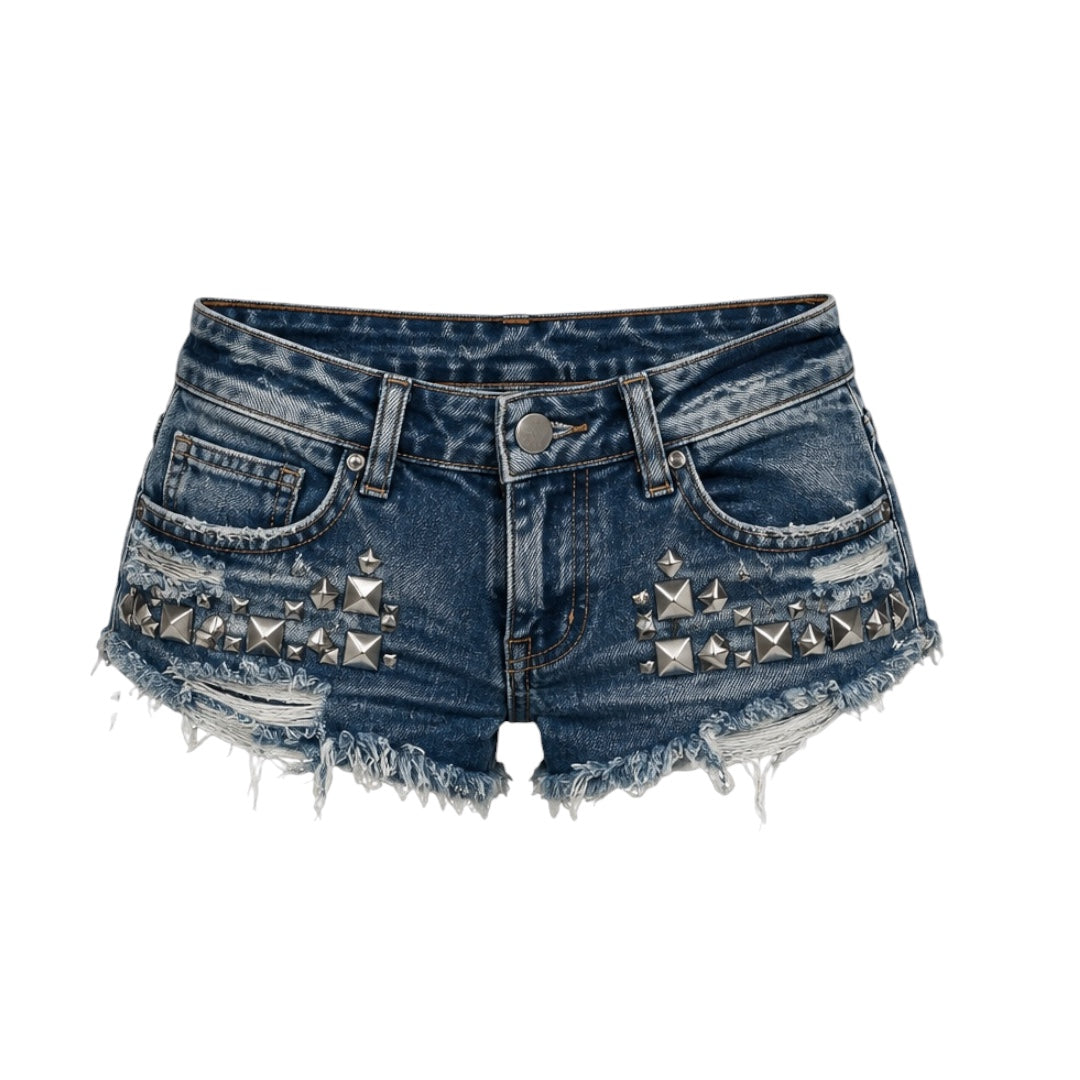 Dark wash blue Y2K studded denim low-rise micro shorts with silver metallic pyramid studs, distressed ripped details, faded vintage wash, belt loops, front and back pockets, button closure and raw frayed cutoff hem. Women’s ultra-short jean hot pants and booty shorts for 2000s Y2K, baddie, rock chic, rockstar GF, grunge, punk, western, goth, emo, cybergoth, dark feminine, opiumcore, streetwear, club, rave, festival, concert, party and fall 2026 outfits.

