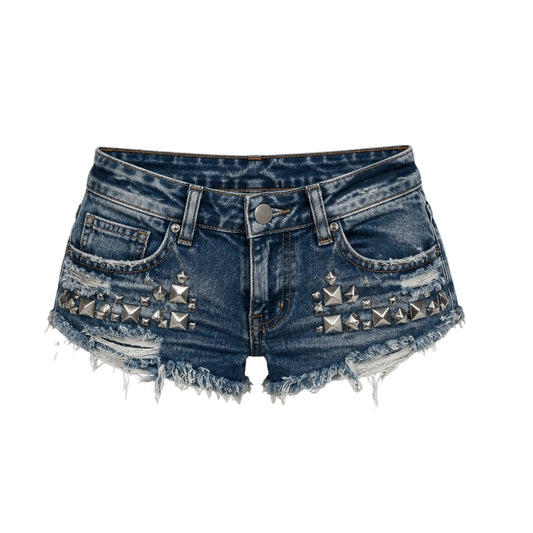 Dark wash blue Y2K studded denim low-rise micro shorts with silver metallic pyramid studs, distressed ripped details, faded vintage wash, belt loops, front and back pockets, button closure and raw frayed cutoff hem. Women’s ultra-short jean hot pants and booty shorts for 2000s Y2K, baddie, rock chic, rockstar GF, grunge, punk, western, goth, emo, cybergoth, dark feminine, opiumcore, streetwear, club, rave, festival, concert, party and fall 2026 outfits.

