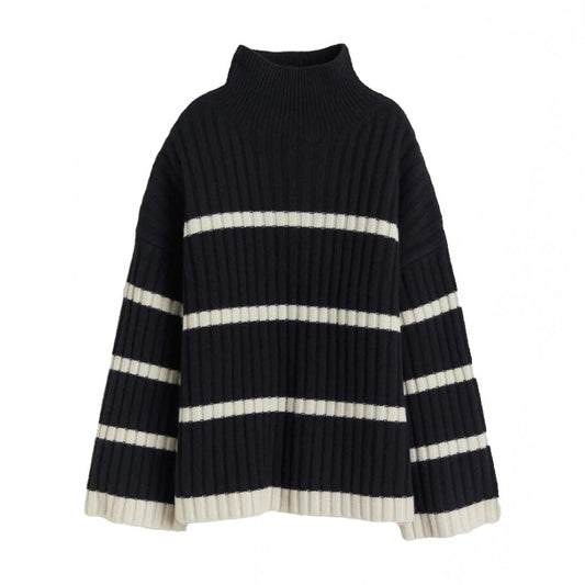 Black Striped Turtleneck Chunky Knit Oversized Sweater