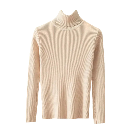 Beige Knit Fitted Turtleneck Sweater Top