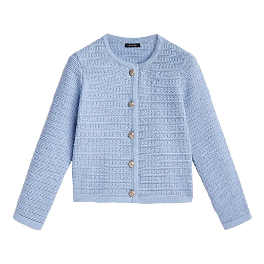 Light Blue Knit Gold Button Cardigan Sweater