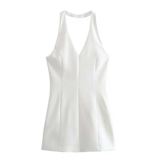 White Bodycon Pleated Sleeveless V-Neck Backless Halter Mini Dress