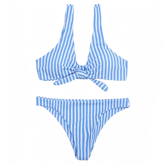 light-blue-and-white-striped-seersucker-knot-tie-push-up-wireless-spaghetti-strap-sleeveless-bandeau-v-neck-cheeky-thong-triangle-bikini-set-two-piece-swimsuit-top-and-bottoms-swimwear-bathing-suit-spring-2024-summer-chic-trendy-women-ladies-elegant-preppy-style-coastal-granddaughter-nautical-hamptons-cape-cod-european-vacation-beach-wear