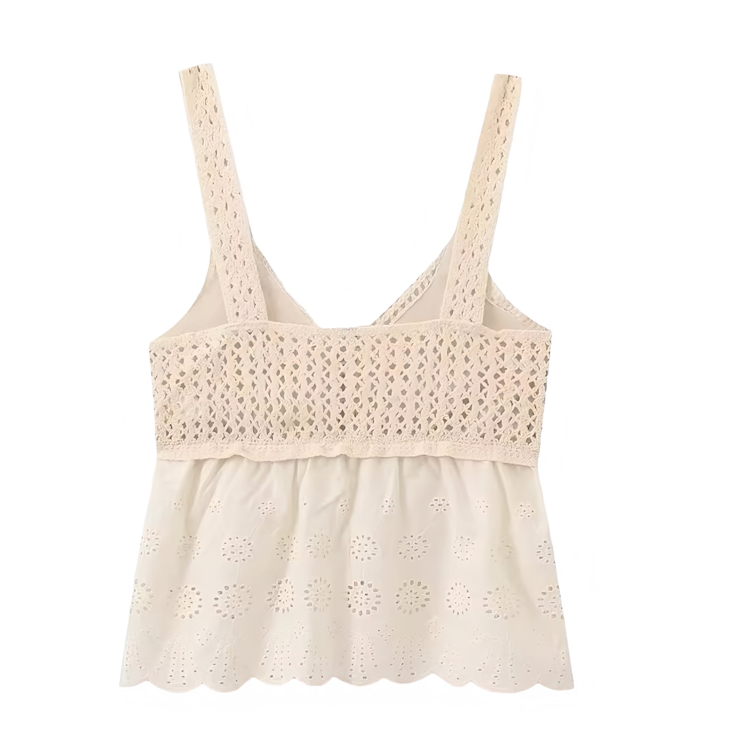 Beige Eyelet Crochet Button-Down Camisole Tank Top