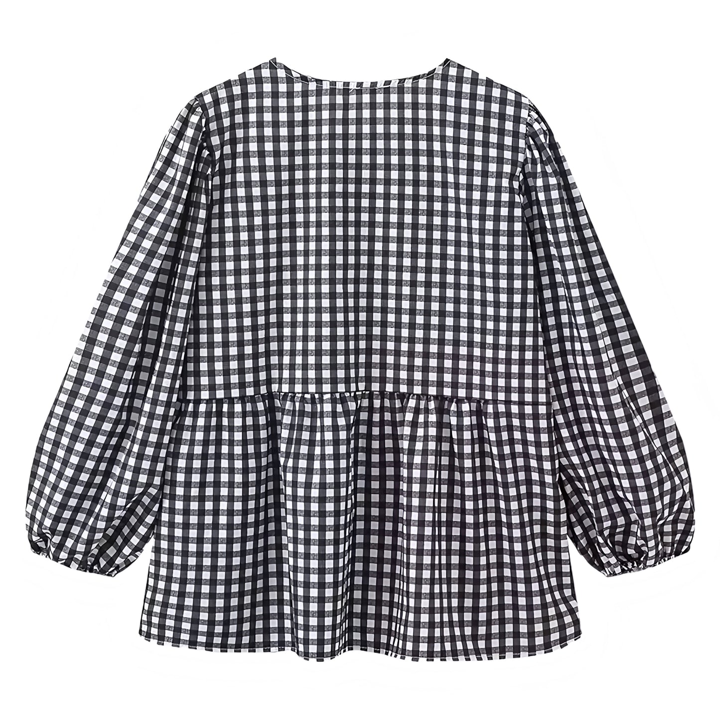 Black Gingham Bow Lace Up Long Sleeve Camisole Blouse Top