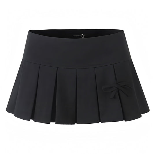 black-bow-pleated-slim-tight-fit-mid-low-rise-waisted-fitted-waist-short-micro-mini-skirt-skort-with-shorts-women-ladies-chic-trendy-spring-2024-summer-casual-feminine-office-siren-90s-minimalist-coquette-blokette-preppy-school-academia-club-wear-night-out-sexy-party-korean-stockholm-style-zara-revolve-aritzia-brandy-melville-urban-outfitters