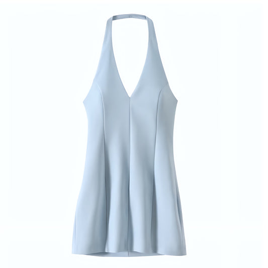 Light Blue Bodycon Pleated Sleeveless V-Neck Backless Halter Mini Dress