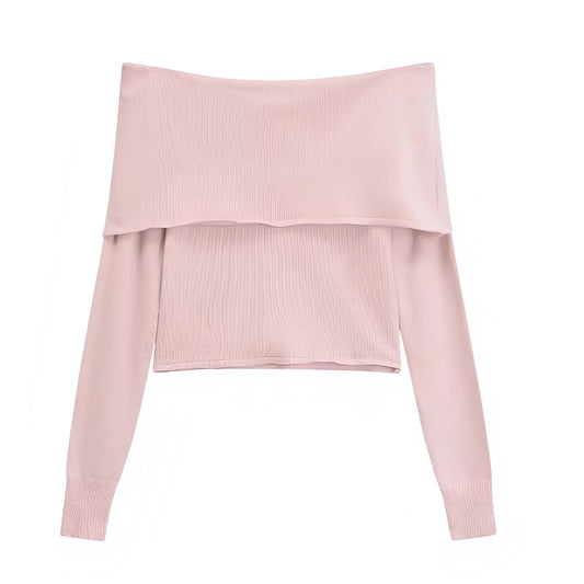 Light Pink Knit Off-Shoulder Long Sleeve Cropped Pullover Sweater